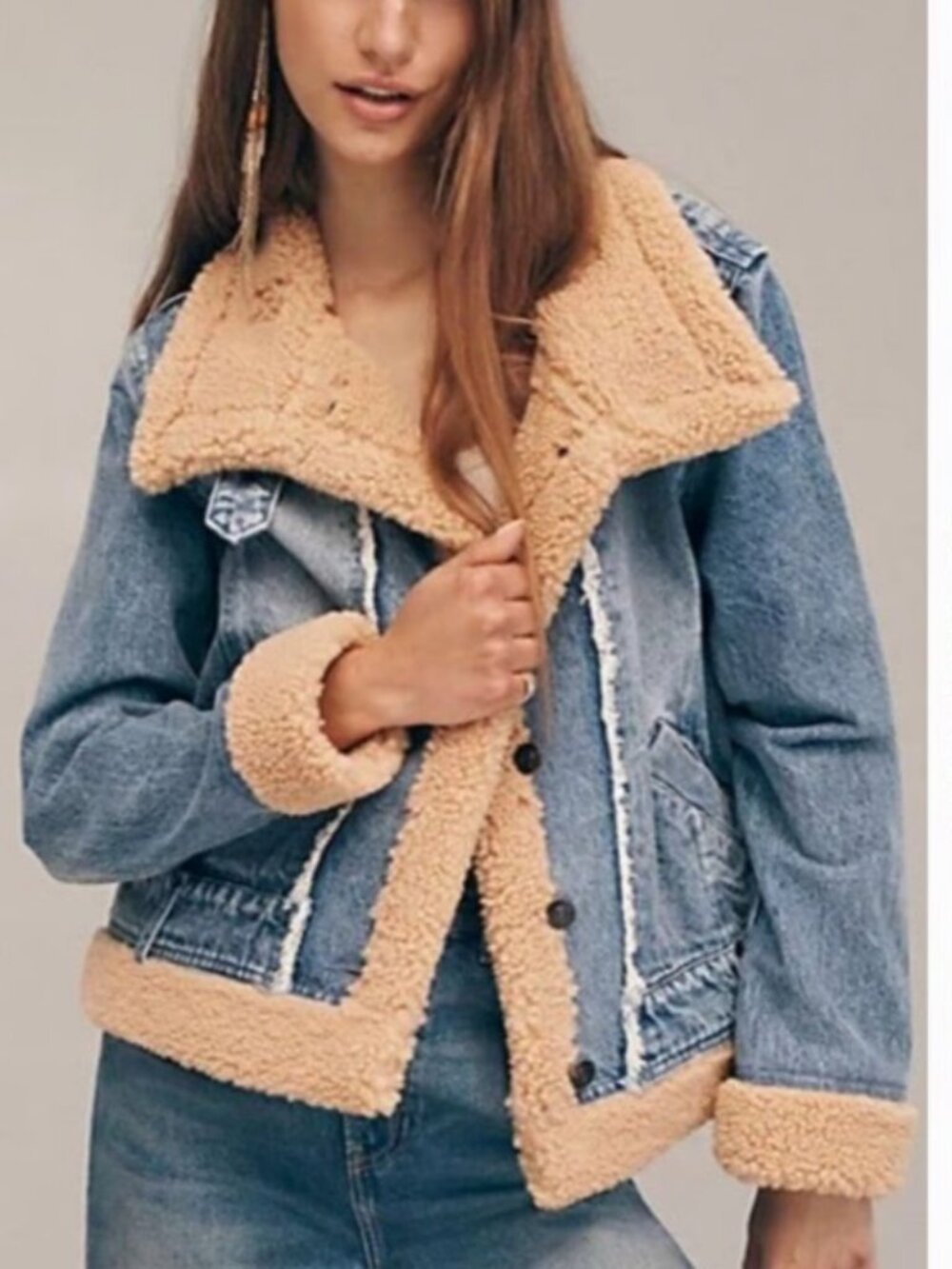 🌟 WE THE FREE 🌟 PEOPLE RYLEE DENIM FAUX SHERPA FUNNEL NECK JACKET BLUE XS